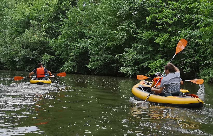 Auf einem Fluss, der durch einen großen Wald fließt, paddeln zwei Kanu-Boote.