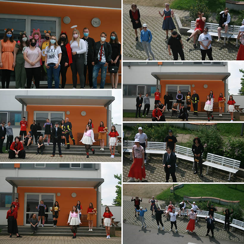 Schüler:innen der DPFA Zwickau kamen zum letzten Schultag u.a. als Feuerwehrmann oder Fußballer. Fotos & Collage: DPFA Zwickau