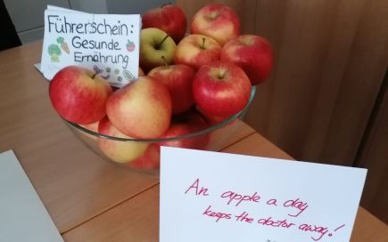 Eine Schüssel voller Äpfel lädt zu einer Lernstation der Sozialassistentenausbildung der DPFA Chemnitz ein.
